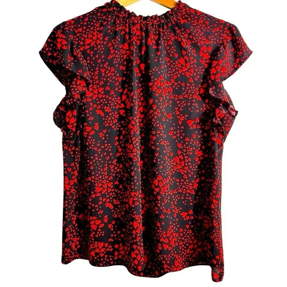 Short sleeve flowy blouse, red hearts, flared hem ruffle sleeves, Large, Office - Picture 1 of 9